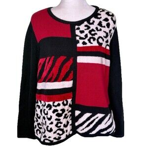 Alfred Dunner Women’s Bold Animal Print Colorblock Y2K Eclectic Sweater Sz Med